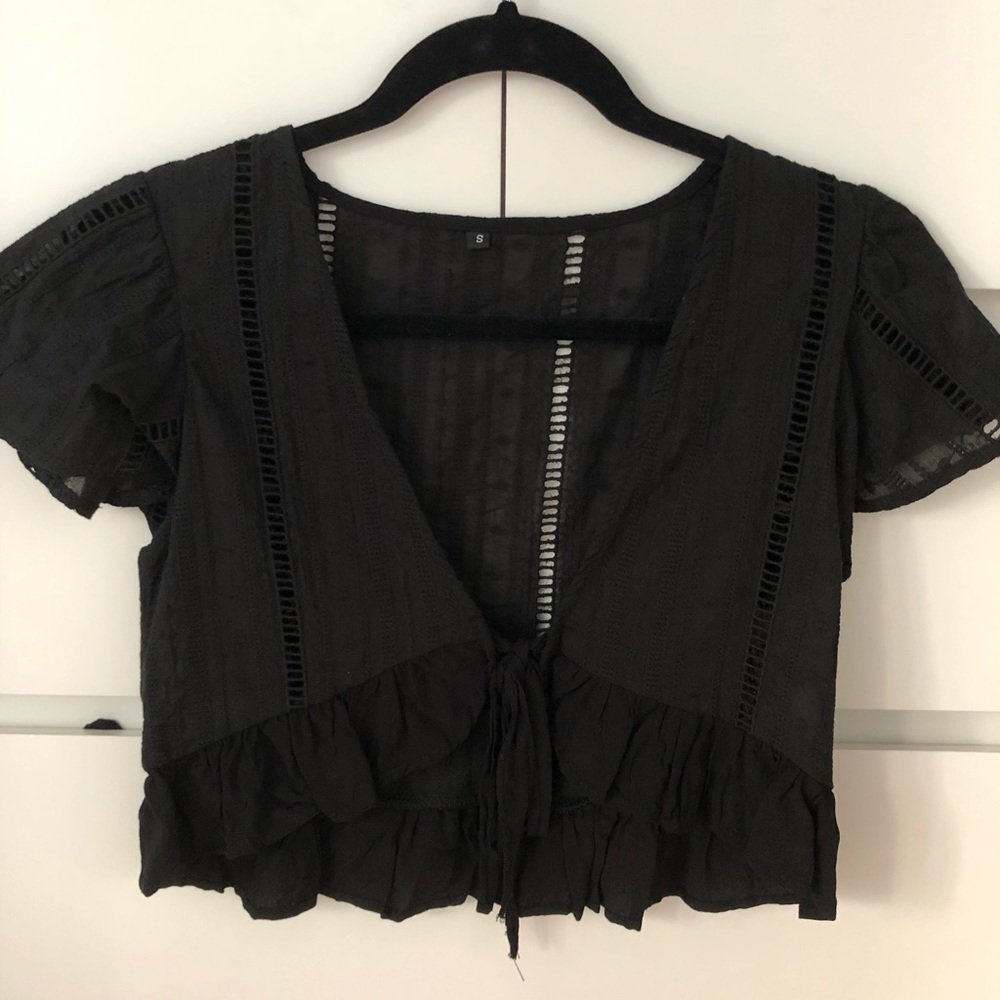 Tie front black crochet crop top